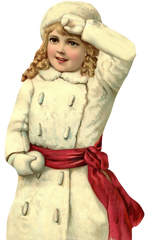 Victorian Winter girl in white coat with hat and red sash