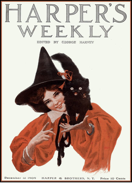 1909 Vintage Harpers Weekly Cover - Witch & Cat