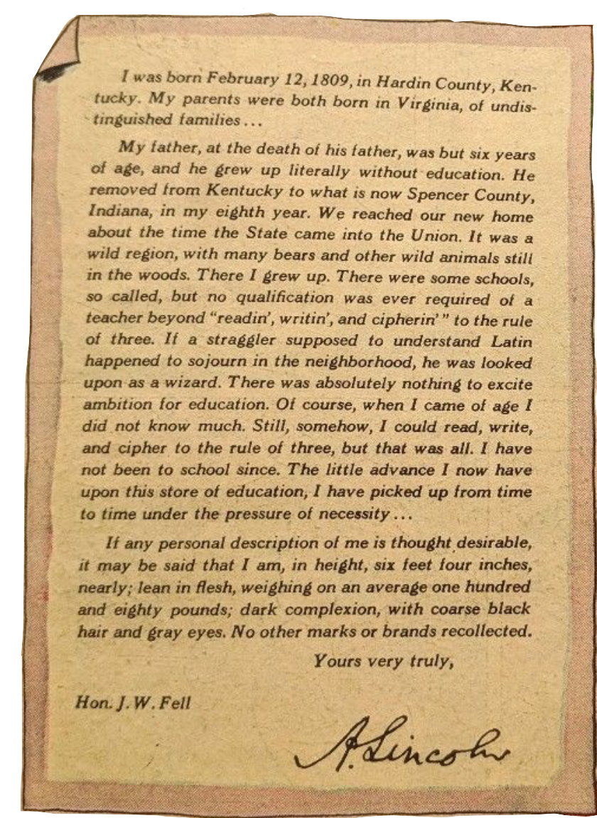 Abe Lincoln in his own words Growing up - Abraham Lincoln Ephemera