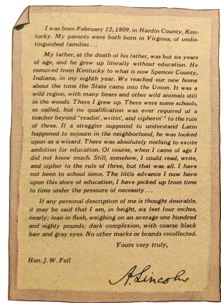 Abe Lincoln in his own words Growing up - Abraham Lincoln Ephemera