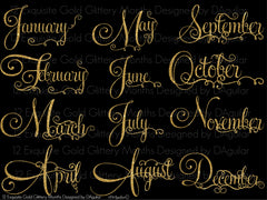 Months Written in Gold Glitter Beautiful Calendar Months Headings Clip Art