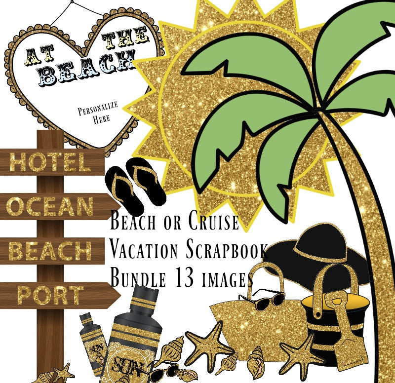 At The Beach or on a Cruise Vacation - Scrapbook Clip Art Bundle 13 Images