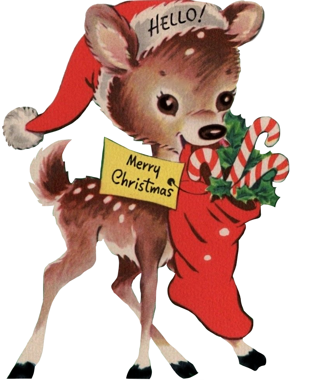 Adorable Christmas Deer with har and stocking full of candy canes