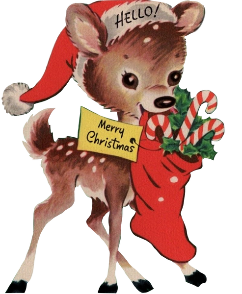 Adorable Christmas Deer with har and stocking full of candy canes