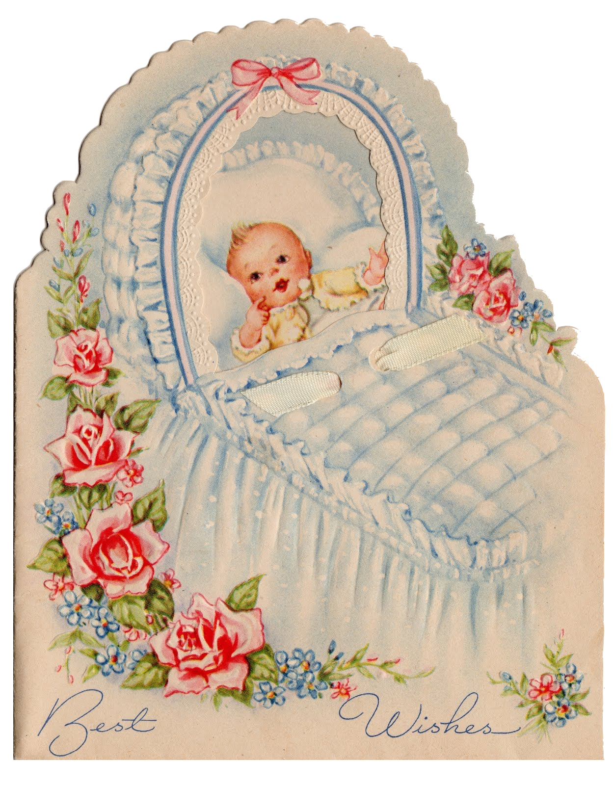 Vintage Baby in cradle bassinet Congratulations Card red roses blue and pink best wishes