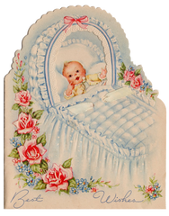 Vintage Baby in cradle bassinet Congratulations Card red roses blue and pink best wishes