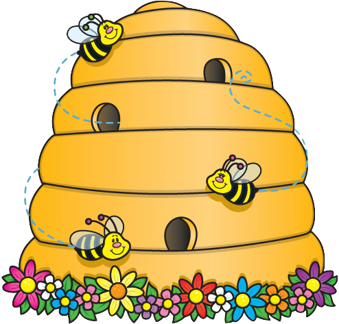 Beehive with Flowers and cute bees buzzing around
