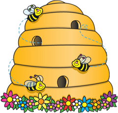 Beehive with Flowers and cute bees buzzing around