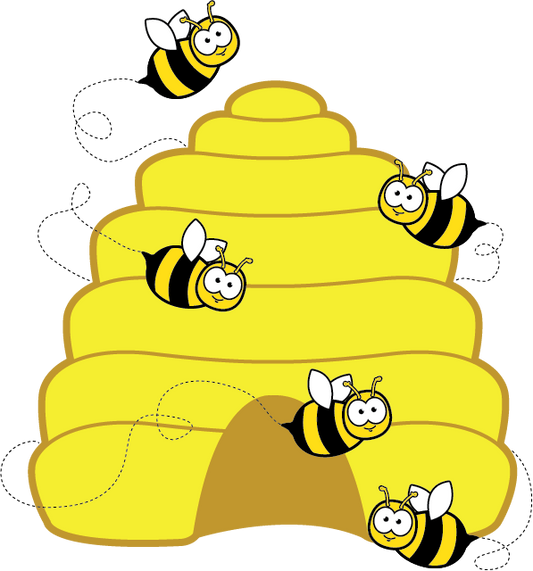 Beehive with cute bees buzzing around