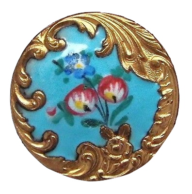 Antique Metal Enamel Button Blue flowers with Gold trim