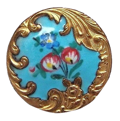 Antique Metal Enamel Button Blue flowers with Gold trim