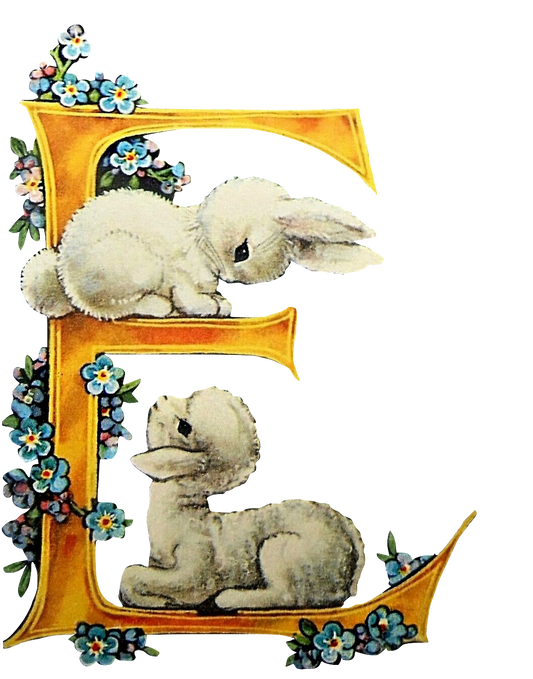 E is for Easter Beautiful Large Gold Letter E with a bunny and little lamb