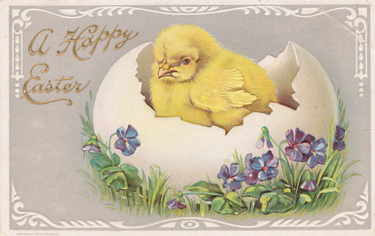 Happy Easter Vintage Postcard Chick in beautiful Egg
