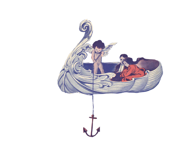 Cupid in the boat with romantic couple from the music sheet Harbor of Love