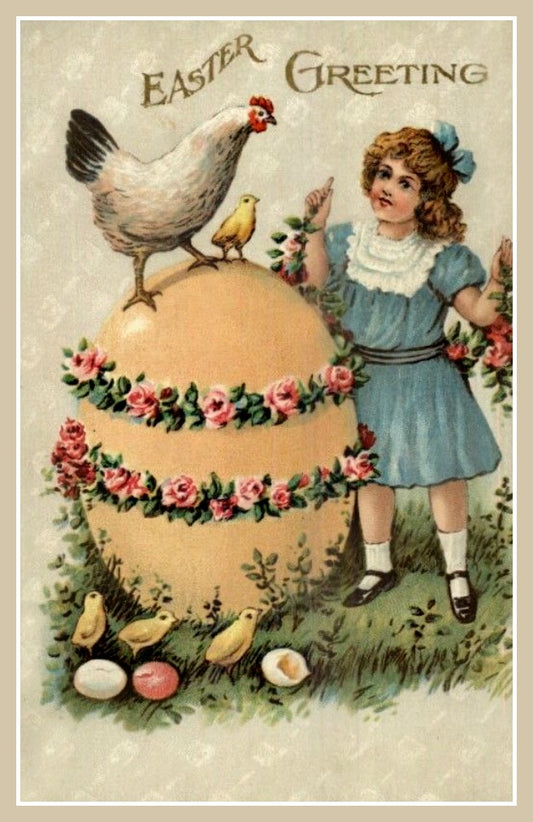 Vintage Easter Postcard  Beautiful Egg with roses little girl and chicken