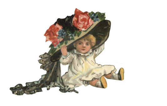 Vintage little girl wearing Mommy;s big victorian hat all dressed up