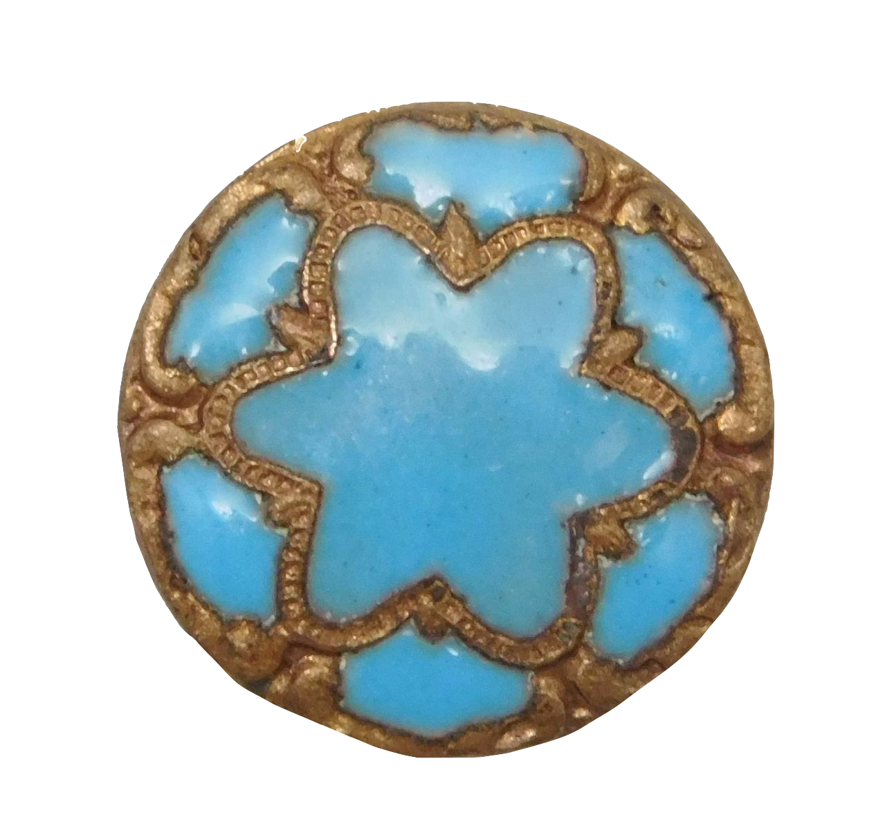 Beautiful Antique Metal Enamel Blue Turquoise Button with gold trim