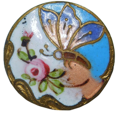 Beautiful Antique Metal Enamel Button Blue butterfly pink rose & gold