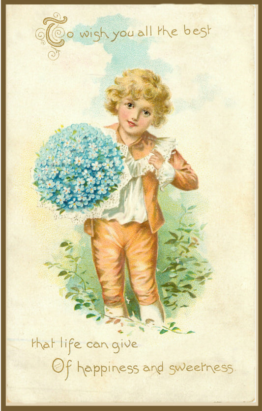 To Wish You All The Best In Life Vintage Postcard Blue forget me not Flowers & Little boy