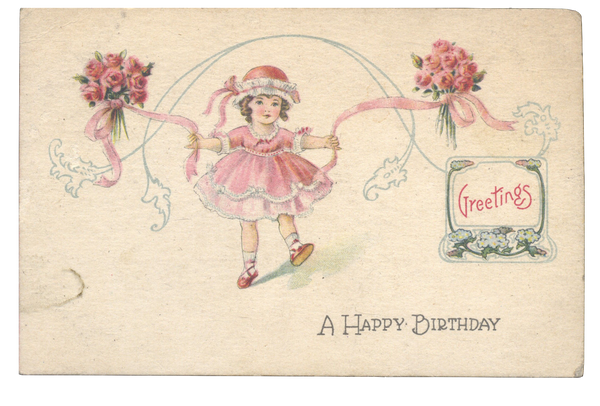 Happy Birthday Girl in pink dress vintage postcard