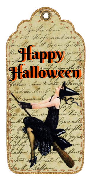 Beautiful Witch on her Broom Halloween Tag
