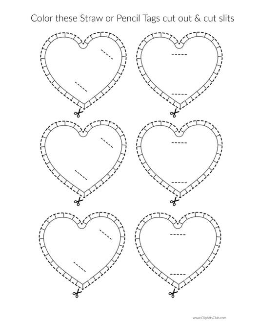 Color your own Hearts Straw or Pencil Tags DIY print-cut Printable Craft