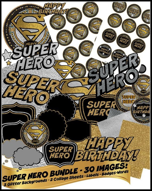 SUPER HERO BIRTHDAY Party Bundle 30 Images! Gold & Silver