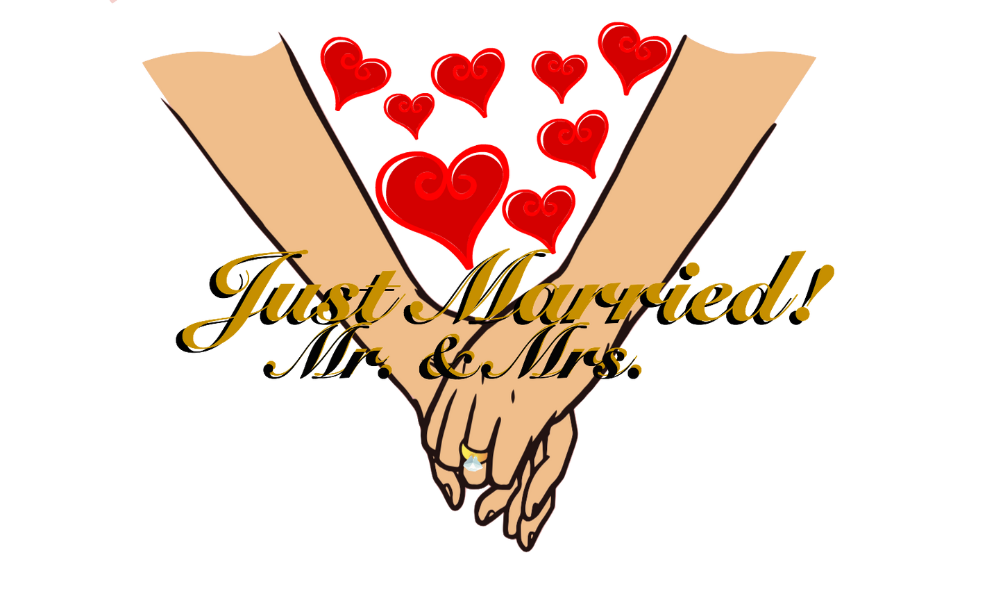 Just Married! Holding Hands wearing Wedding ring with hearts Mr. & Mrs.