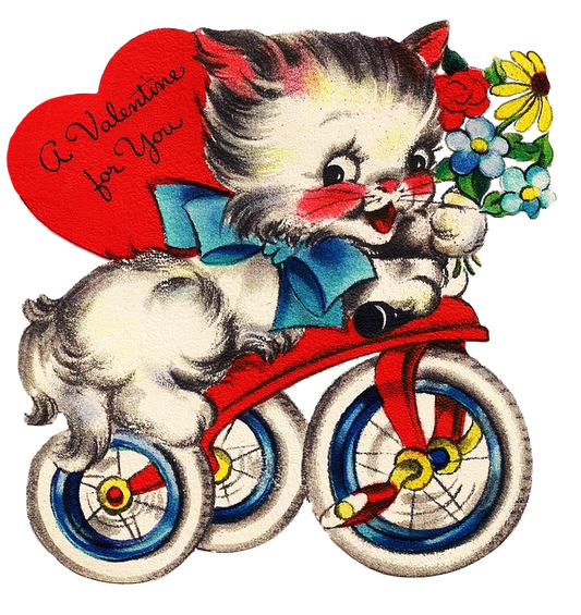 Valentines Day Kitty on Bicycle vintage