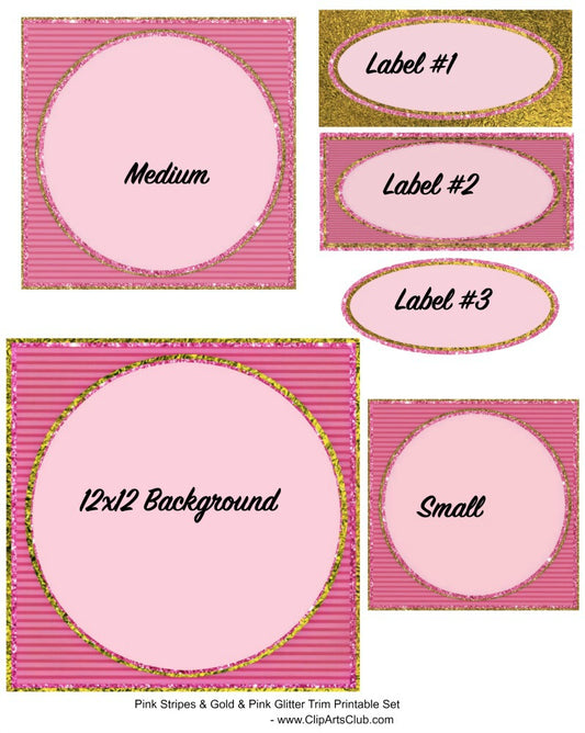 Pink Striped Glitter Set - 12x12 Background, Frames, Labels, Scrapbook Set