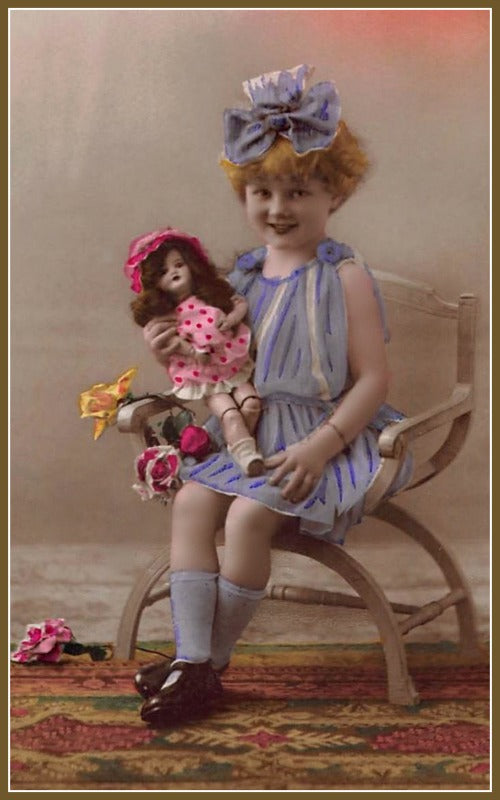 Doll & Little Girl Hand Tinted Vintage Photo