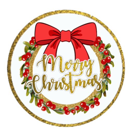 White Merry Christmas 2" Circle - Wreath, red bow, berries transparent back png this comes in a collage printable sheet  and in red and green too!