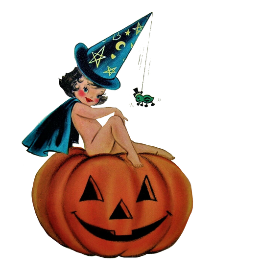 Adorable little girl naked witch sitting on pumpkin witch hat and cape