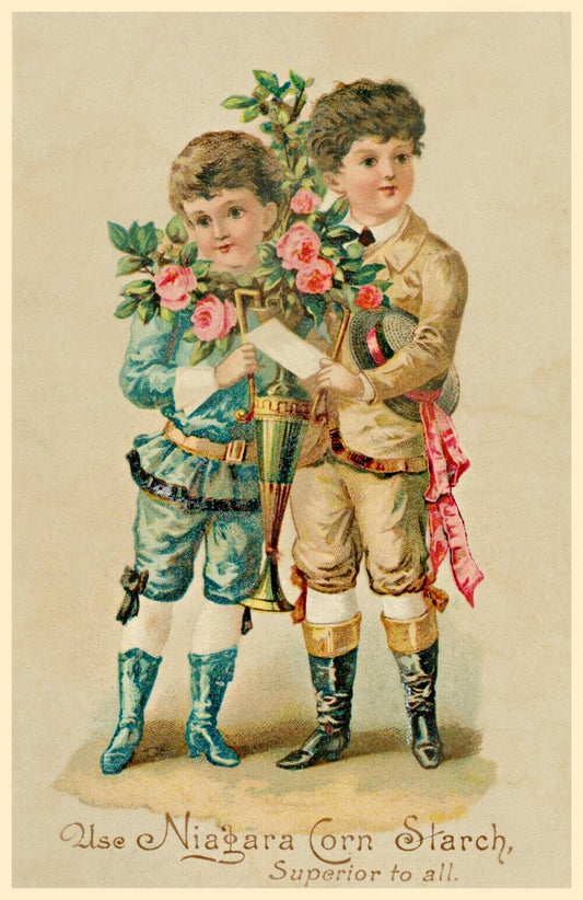 Niagara Corn Starch Vintage Postcard two Brothers Holding a Vase of flowers