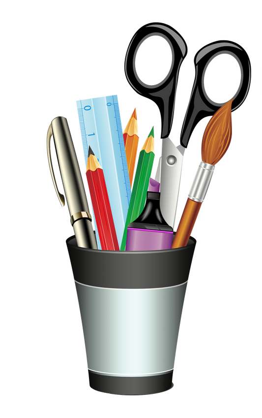 Office Desk Cup With Desk Supplies - Scissors, Ruler, Pen, Pencil