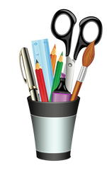Office Desk Cup With Desk Supplies - Scissors, Ruler, Pen, Pencil