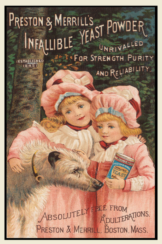Infallible Yeast Powder - Vintage Postcard - Beautiful Sisters and pet Dog