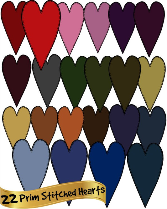 22 Primitive Stitched Hearts - 22 colors