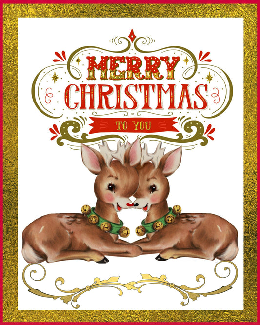 Merry Christmas Reindeers 8X10 Gold Foil Print