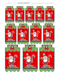 Whimsy Cute Santa Claus Holding a candy cane Fancy Tag Printable Set - White, Green, Red Tops & Checkered Trim