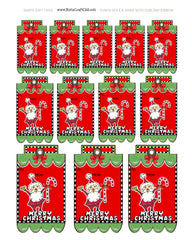 Whimsy Cute Santa Claus Holding a candy cane Fancy Tag Printable Set - White, Green, Red Tops & Checkered Trim