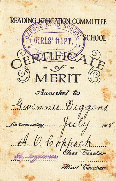 1918 School Certificate of Merit  for Reading - Ephemera