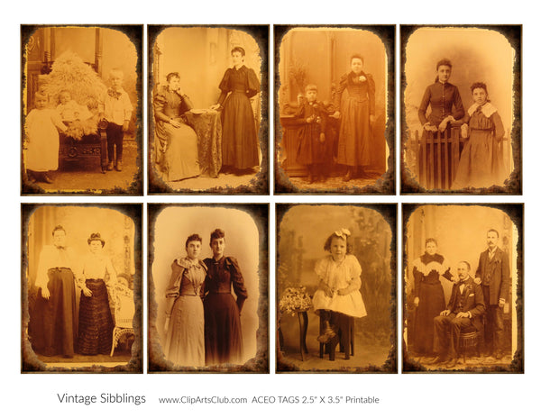 Antique Photos of Siblings ACEO/ATC Cards Vintage Family Collage Sheet Printable