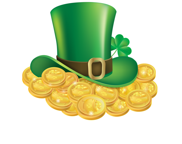 St. Patricks Leprechaun's Hat with Gold Coins & Shamrock Clip Art Transparent back