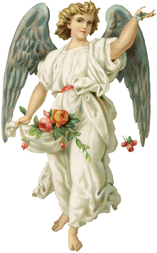 Victorian Vintage Sympathy Angel tossing roses & forget me not flowers Large Clip Art