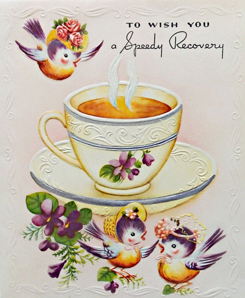 Bluebirds & Tea Vintage Greeting card - Get Well - Speedy Recovery