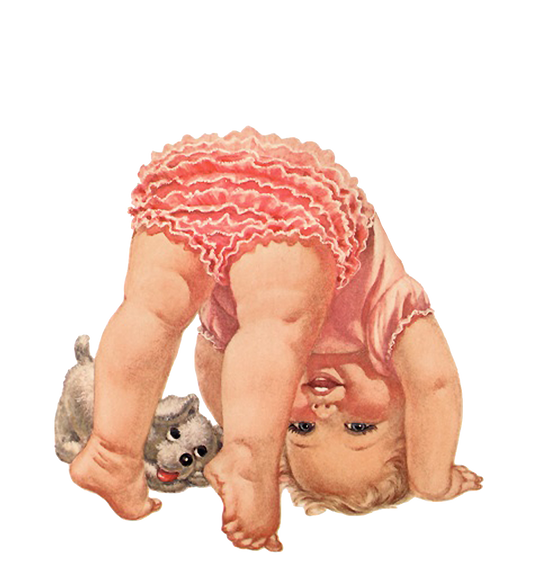 Vintage Baby Girl Pink Ruffled panties standing on head with puppy