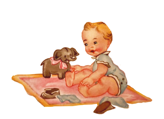 Adorable vintage Baby Boy with his puppy on a quilt