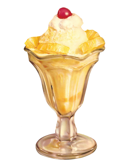 Vintage Ice Cream Sundae -Vanilla Ice cream  with bananas and a cherry Retro Kitchen Diner dessert