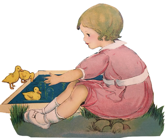 Vintage girl playing with ducks in water